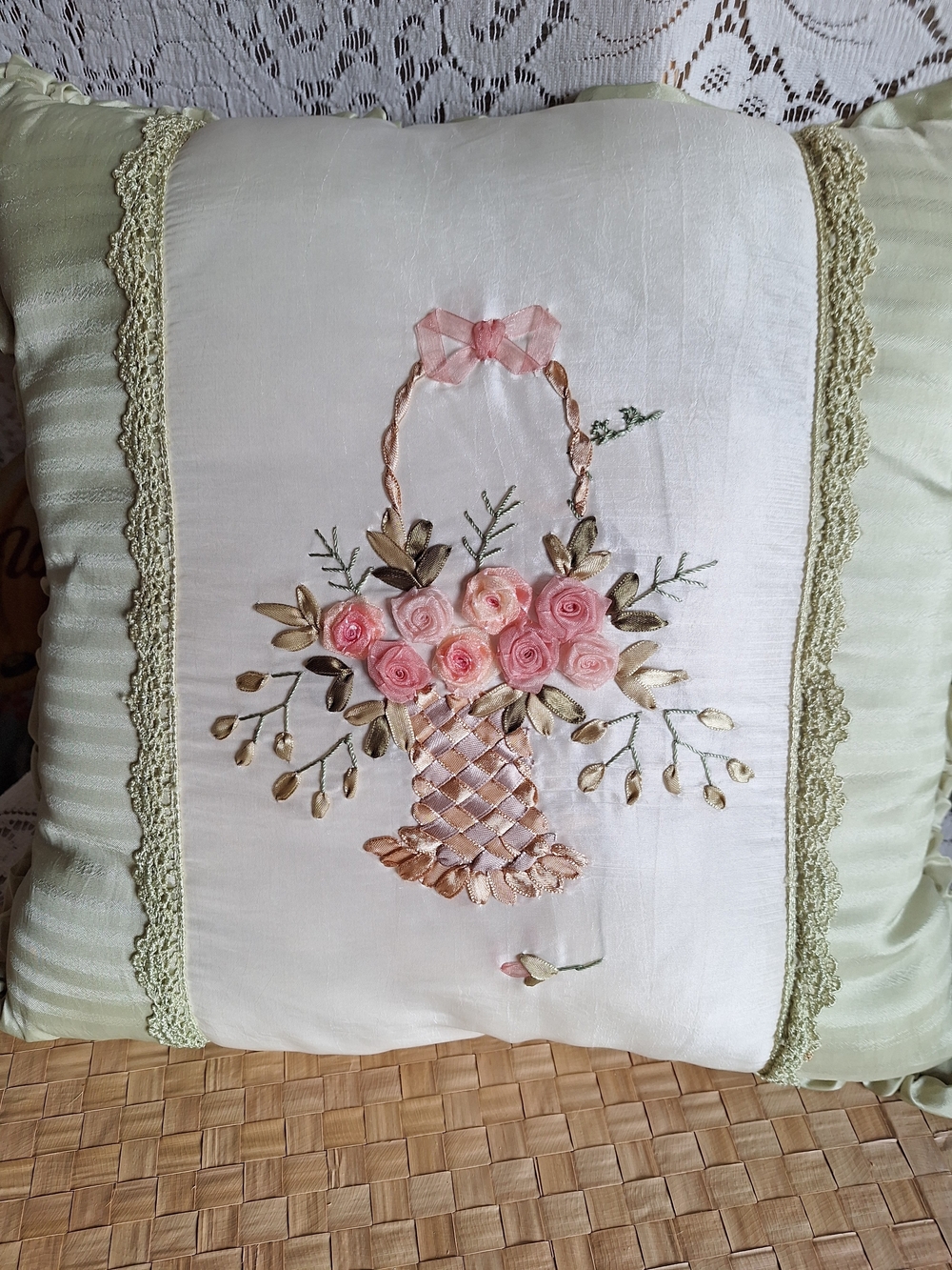 Embroidered Rose Basket Accent Pillow in Pink and Cream